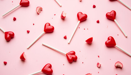 Scattered red heart-shaped lollipops and candy pieces on a soft pink background