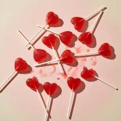 Scattered heart-shaped red lollipops with melted syrup on a pink background
