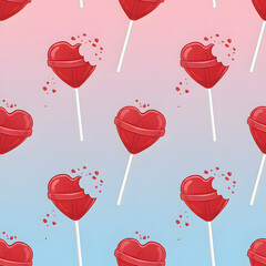 Seamless pattern of red heart-shaped lollipops with bite marks and scattered candy pieces