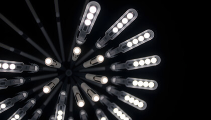Modern chandelier with many LED lights radiating from a central point against a black background