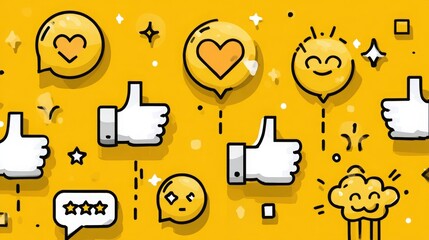 Yellow heart reaction icons representing ratings and user satisfaction on social media. 