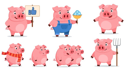 Collection of Cute Pink Pigs in Various Poses and Outfits, Vector Illustrations
