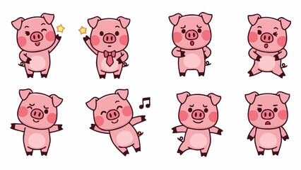 Collection of Eight Cute Pink Pig Characters in Various Poses and Emotions