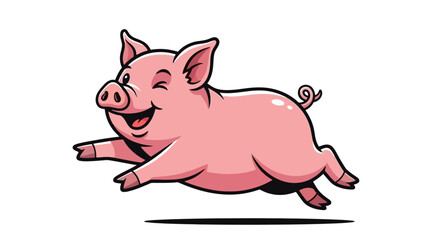 Joyful Cartoon Pig Running Joyfully with a Winking Eye and Curly Tail