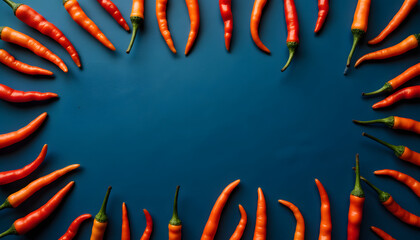 Vibrant red and orange chili peppers arranged in a circular frame on a dark blue background
