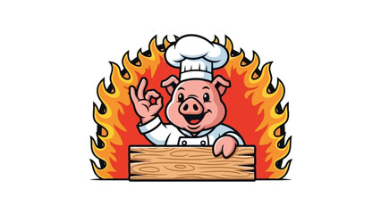 Cartoon Chef Pig Making Okay Gesture Surrounded by Flames with Wooden Sign