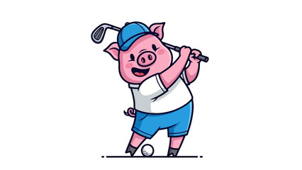 Cute Pig Playing Golf Cartoon Character Wearing a Blue Cap and White Polo Shirt