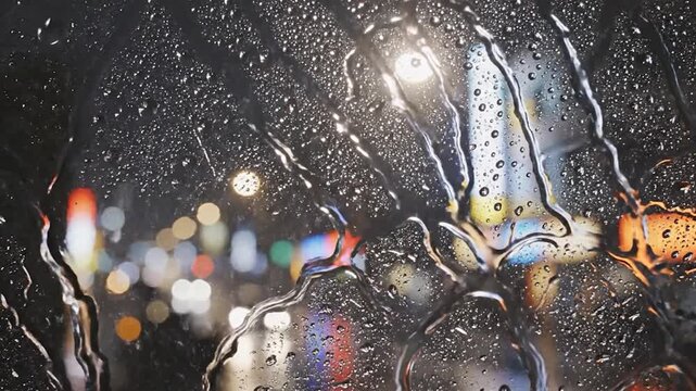 Rainy night reflections on wet car window