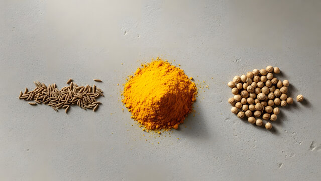 Turmeric powder, cumin seeds, and coriander seeds on a light grey background, a vibrant collection of essential cooking spices