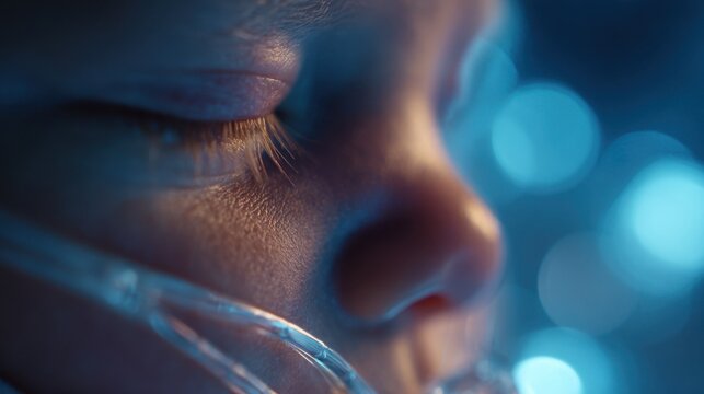 Premature newborn baby patient with nasal oxygen cannula sleeping in neonatal intensive care unit (NICU), respiratory treatment concept.
