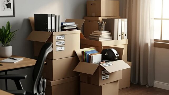 A cozy workspace filled with unpacked boxes and office supplies.
