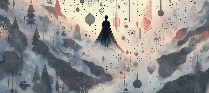 A lone silhouette standing beneath towering icy peaks surrounded by floating shapes, drifting particles, and cosmic mist, forming a surreal winter fantasy scene filled with emotional isolation and dra