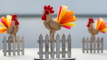 Cute Paper Rooster Family Craft | Colorful Rainbow Feather Roosters on Wooden Fence 2026