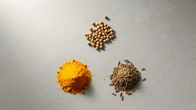 Overhead flat lay of three essential cooking spices: vibrant turmeric powder, whole coriander seeds, and aromatic cumin seeds, neatly arranged on a light grey concrete background.