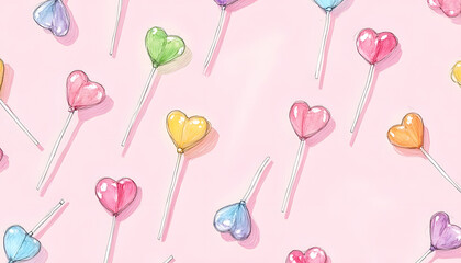 Hand-drawn heart-shaped lollipops in various pastel colors scattered on a pink background
