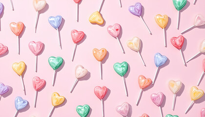 Assortment of colorful heart-shaped lollipops scattered on a pastel pink background