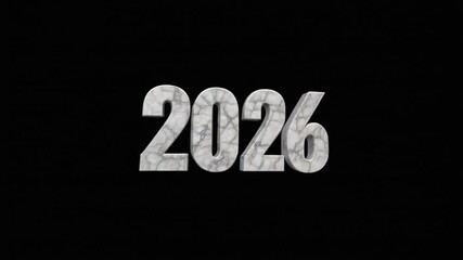 Marble-textured white “2026” in bold font centered on solid black background.