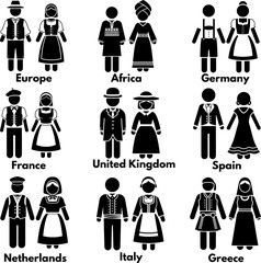 World Cultural Diversity: Traditional Dress Vector Icons for Europe, Africa, and Specific Countries
