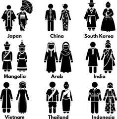 Asian Traditional Clothing Icons Set: Man and Woman Stick Figures in National Costumes