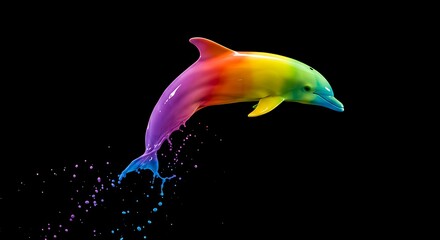 Vibrant rainbow dolphin leaps from dark waters, creating stunning multicolored splashes. Dynamic image captures joy, freedom, and artistic beauty of marine life in motion