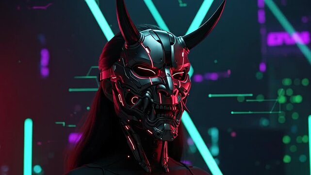 Cyberpunk Oni Masked Figure in Neon Cityscape.