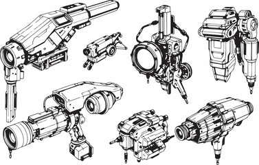 Mechanism set, retro, vintage, steampunk, cyberpunk, decorative elements. Ideal design for social media, cover, banner, flyer, music, ads.
