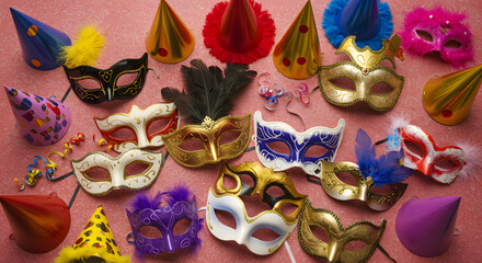 Assortment of colorful Venetian masquerade masks and festive party hats scattered across a textured pink surface ready for a celebration or carnival event