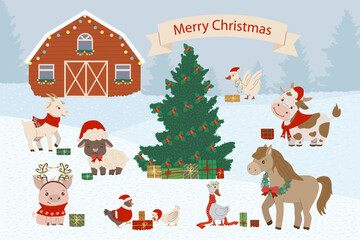 Animals in festive attire gather around a decorated Christmas tree with gifts in a snowy farm setting. A merry barn and winter backdrop enhance this cheerful vector illustration.