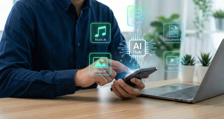 
AI assistant on mobile device managing content generation for text, video, music, and image with smart automation, providing convenient access to multimedia tools in digital environment