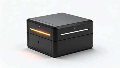 Black cubic electronic device with orange and white light indicators on matte surface