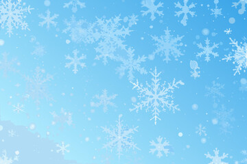 A serene blue background with delicate scattered white snowflakes falling