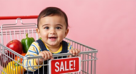Happy infant boy sitting in shopping cart filled with colorful fruits and vegetables, smiling joyfully at the camera, promoting a playful shopping experience with sale sign
