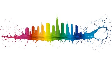 Colorful city skyline made of paint splashes, vibrant abstract cityscape illustration for creative designs