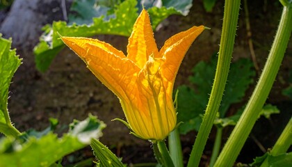 A vibrant, golden zucchini blossom in a garden, backlit by sunlight, with blurred green foliage in the background