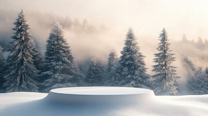 Obraz premium Christmas tree with white snowdrift,snowflakes,snow land,podium with bauble,Christmas theme stage podium mock up for product placement,Happy New Year. Celebrate party,Xmas Poster,web banner,festive.