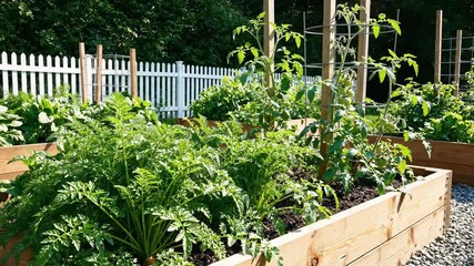 Lush homegrown vegetables thriving in wooden raised beds near a white fence.