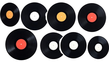 A collection of diverse vinyl records with varying central labels on a plain white backdrop, arranged in a loose group
