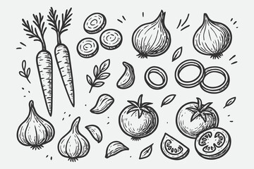 Hand-Drawn Vegetable Ingredient Sketch Pack — Organic Kitchen Line Art Vector