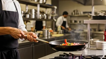 Chef skillfully tossing vegetables in a wok over a gas flame in a busy restaurant kitchen. - Powered by Adobe