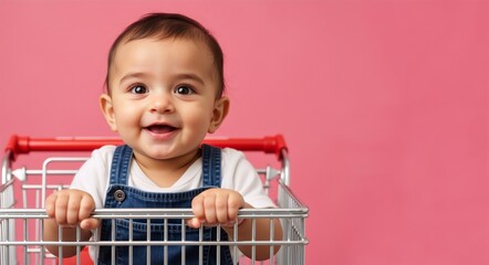Happy infant boy with dark hair, smiling widely while sitting in a shopping cart against a vibrant pink background, showcasing joy and innocence in a playful setting