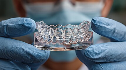 Orthodontist holds clear dental aligner in clinic during appointment for teeth straightening