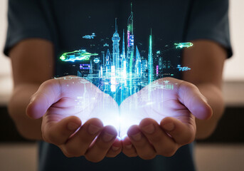 Hands holding a glowing futuristic cityscape projection with digital elements