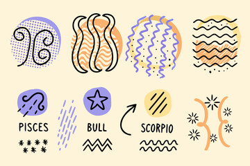 Abstract colorful illustration featuring zodiac signs and whimsical wavy patterns