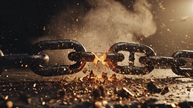 Dynamic metal chain breaking apart into golden sparks and fiery debris