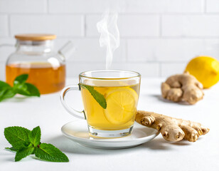 ジンジャーティー　ハーブティー　湯気が出ている冬のホットドリンク　リラックス