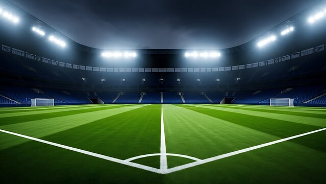 A soccer stadium with green field and bright lights at night