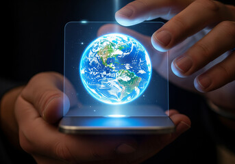 Hands holding a transparent screen displaying a holographic earth projection