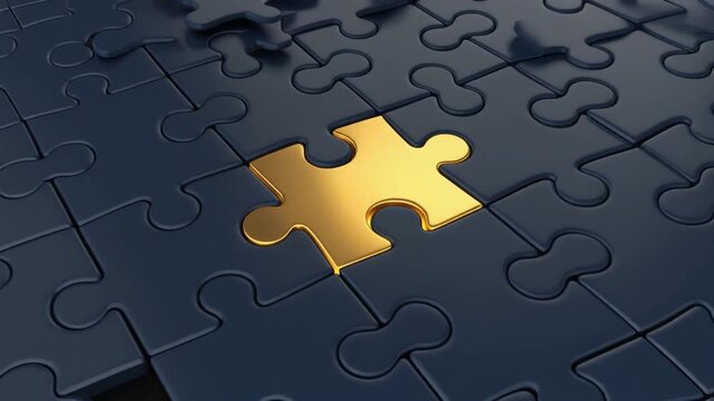 Close-up of dark blue jigsaw puzzle with central golden piece completing the pattern, symbolizing uniqueness and completion.