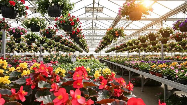 Vibrant floral display in a large commercial plant nursery under bright sun