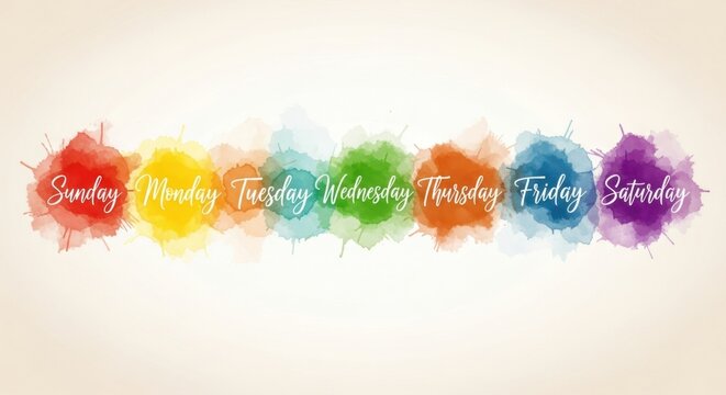 Watercolor days of the week banner with colorful paint splashes and handwritten lettering, bright rainbow palette, creative calendar planner design